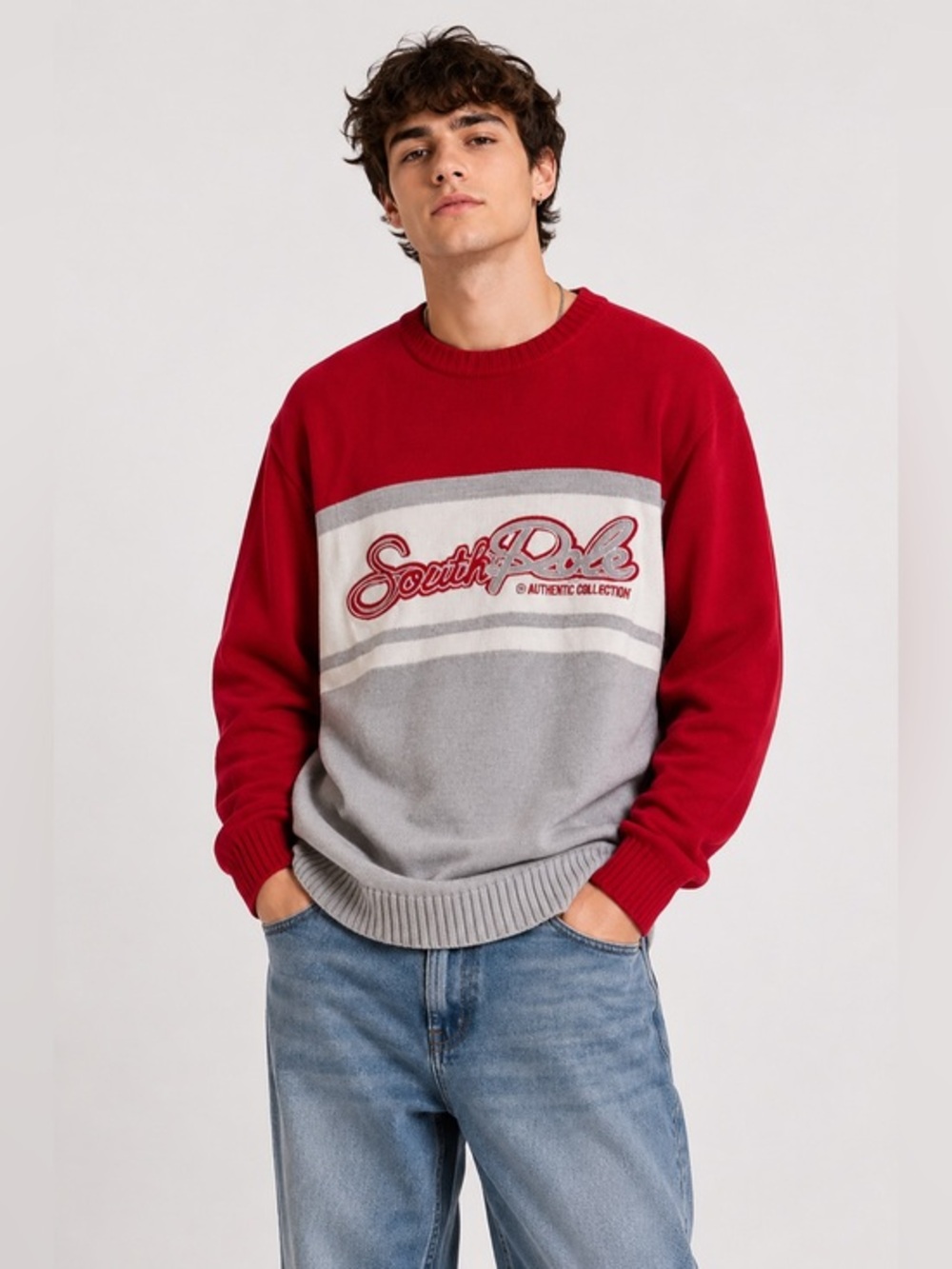 Southpole Authentic Collection XL Logo Sweater Red Gray Crewneck Y2K Streetwear